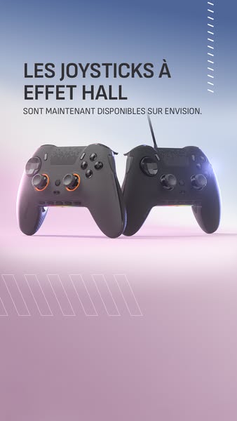 This ad showcases the Envision controller and highlights the Hall effect joysticks.