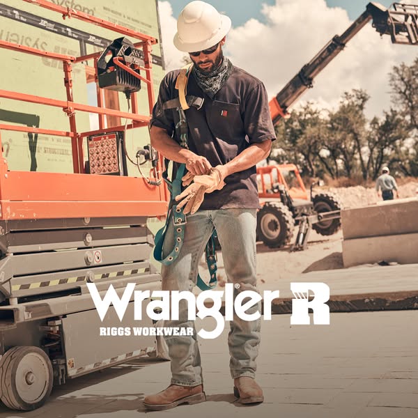 An image ad for Wrangler RIGGS Workwear showcases a construction worker on the jobsite, wearing Wrangler clothing.