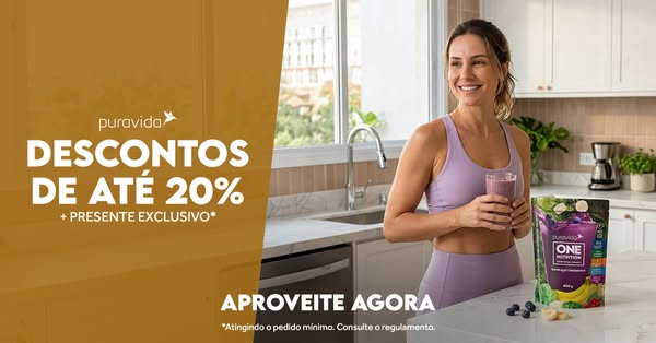 This image ad by Puravida promotes their One Nutrition product. The ad features a woman holding a smoothie while standin