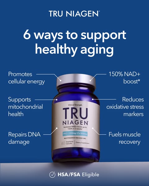 This ad for Tru Niagen highlights six key benefits of the supplement. It uses arrows to point out features such as cellu