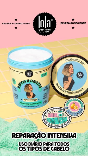 This ad showcases Lola From Rio's Danos Vorazes Intense Repairing Hair Mask. It highlights the product's use for