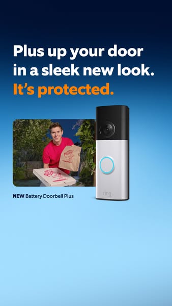 The image ad showcases the new Battery Doorbell Plus by Ring, emphasizing its sleek design and protection features.