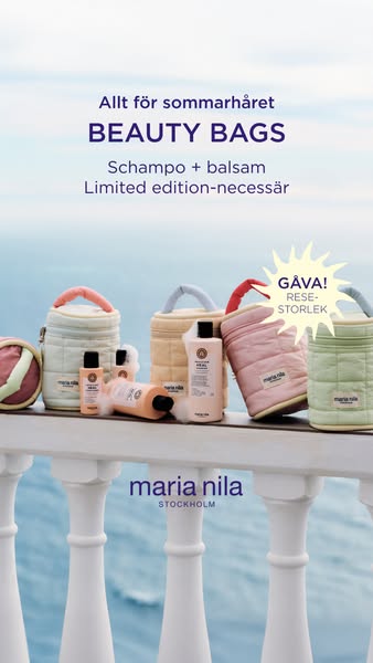 This image advertises Maria Nila beauty bags containing shampoo and balsam. The image displays five bags in different co