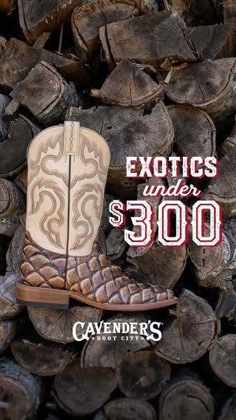 This ad features a cowboy boot product from Cavender's Boot City. The boot is displayed against a backdrop of stacke