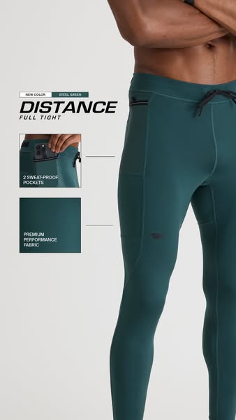 This ad showcases the features of the Distance Full Tight pants in a new steel green color.