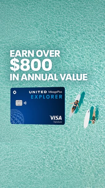 This image ad promotes the United MileagePlus Explorer credit card from Chase, emphasizing the annual value users can ea