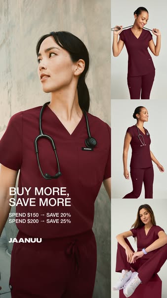 Image ad for Jaanuu brand medical scrubs, advertising a 'buy more, save more' sale.
