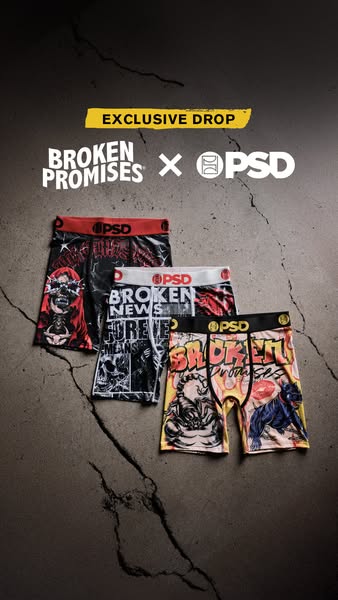 This ad showcases a new product drop from Broken Promises and PSD. The image displays four different boxers with differe