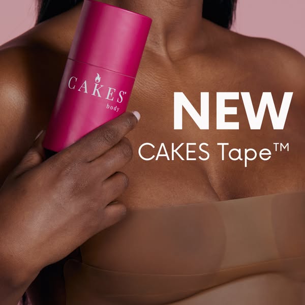 This ad introduces Cakes Body Tape and features an African American woman holding the product in front of her chest, whe