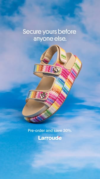 This image ad showcases a colorful platform sandal against a bright blue sky backdrop. It urges viewers to secure their 