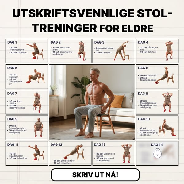 An infographic style image with a list of 14 days of different chair exercise training routines. A muscular, silver-hair