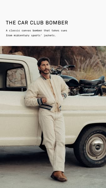 An image ad showcases 'The Car Club Bomber,' a classic canvas bomber jacket inspired by midcentury sports jacket