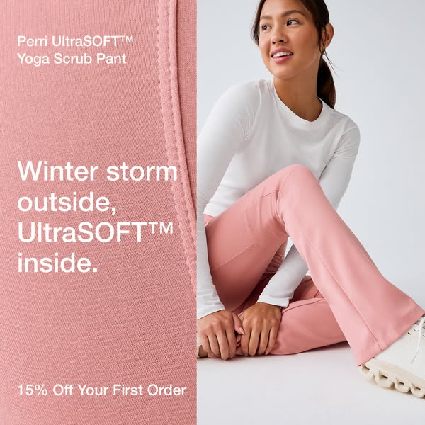 This ad promotes Perri UltraSOFT™ Yoga Scrub Pants, highlighting their comfort and offering a 15% discount on the first 