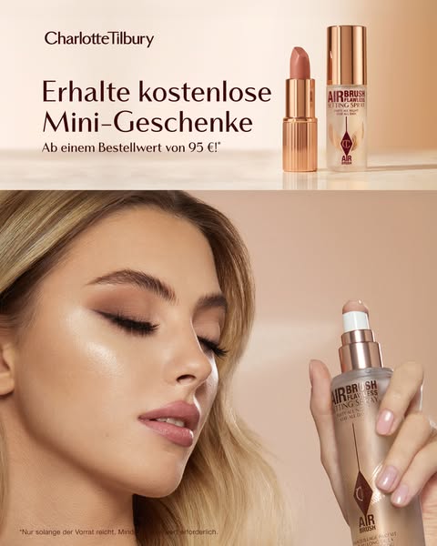 This ad from Charlotte Tilbury promotes the brand's Airbrush Flawless Setting Spray alongside a deal for free mini g