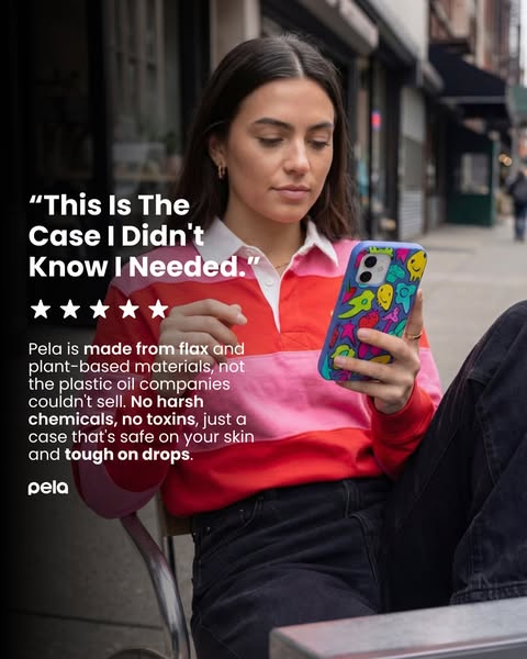 The ad features a testimonial for Pela phone cases from a user wearing a sporty shirt who says, "This Is The Case I
