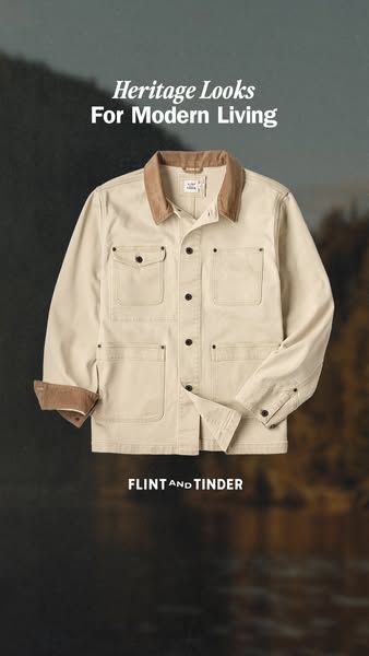 This ad showcases a Flint and Tinder jacket, emphasizing its heritage look for modern living. The ad features a single i
