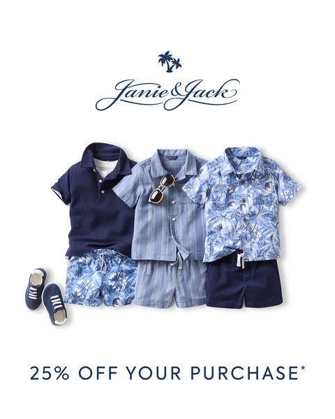 This ad showcases three outfits for boys from Janie & Jack along with an offer of 25% off your purchase.