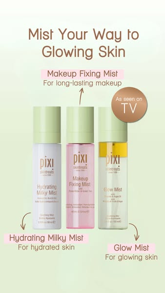 An image ad promoting Pixi Skintreats mist products.