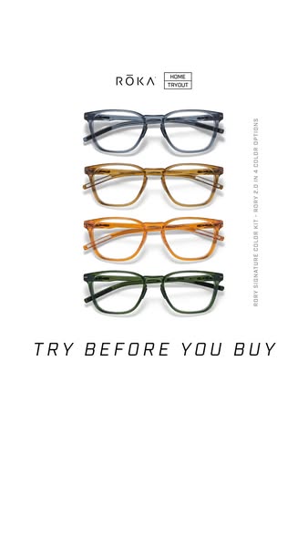 This ad is for ROKA eyewear. It shows four different colors of ROKA glasses stacked on top of each other. The ad encoura