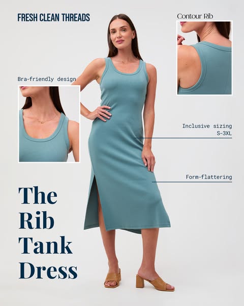 This ad showcases the Fresh Clean Threads Rib Tank Dress. It emphasizes the comfort and fit of the dress.