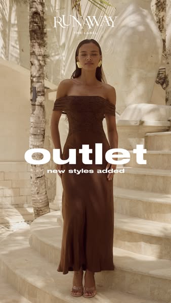 This image ad for Runaway The Label features a woman standing on steps wearing a brown dress and clear heels. The ad pro