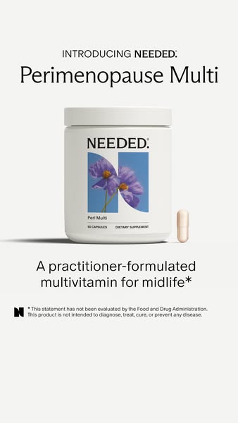 The image ad showcases Needed's Perimenopause Multi, emphasizing its practitioner-formulated benefits for midlife. T