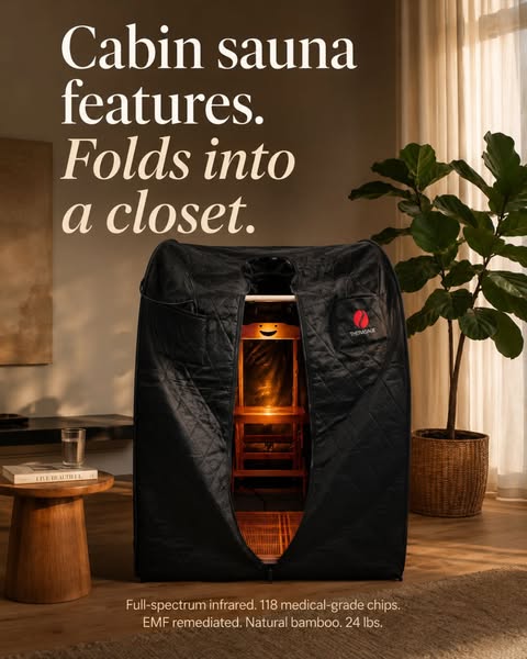 This ad showcases the Thermagene cabin sauna and its key feature of being able to fold into a closet. The ad highlights 
