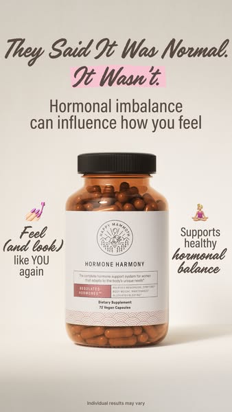 The ad promotes Happy Mammoth's Hormone Harmony, a dietary supplement aimed at women experiencing hormonal imbalance