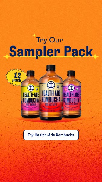 This ad promotes Health-Ade Kombucha's sampler pack. The ad features three bottles of kombucha in different flavors 