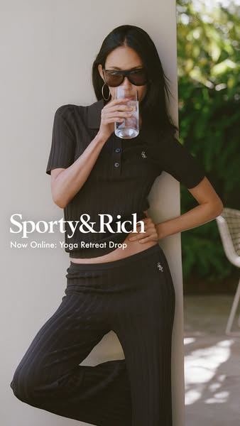 An image ad for Sporty & Rich's new Yoga Retreat drop, featuring a woman wearing a matching knit set and drinkin