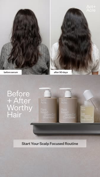 This ad showcases the Act+Acre hair product line with a before-and-after comparison of hair health after 90 days of prod