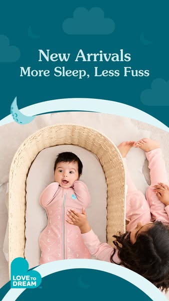 This ad for Love To Dream features a baby in a bassinet wearing a pink swaddle with a zipper. The ad promotes the idea o