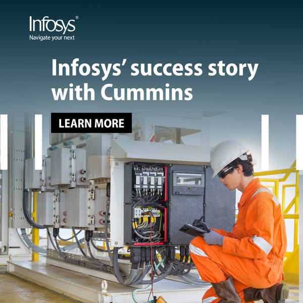 This image ad promotes Infosys and its successful partnership with Cummins. It features an engineer working on electrica