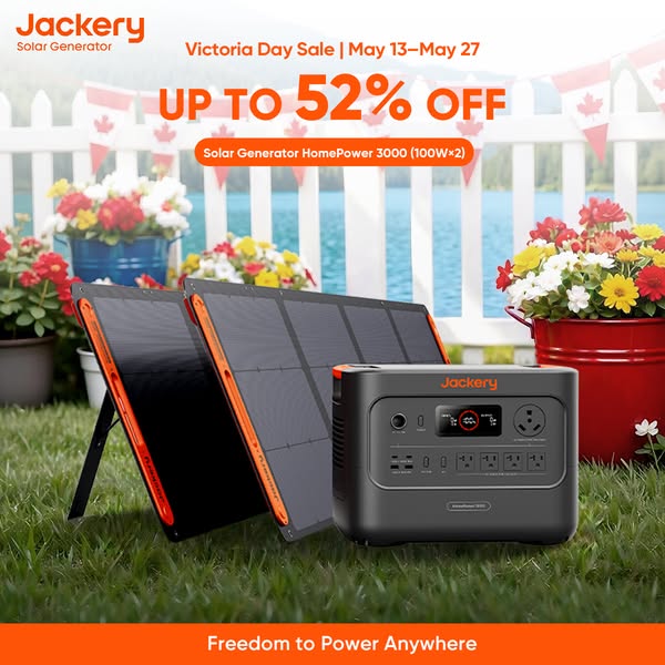 This image ad from Jackery promotes a Victoria Day Sale offering up to 52% off on their Solar Generator HomePower 3000 (