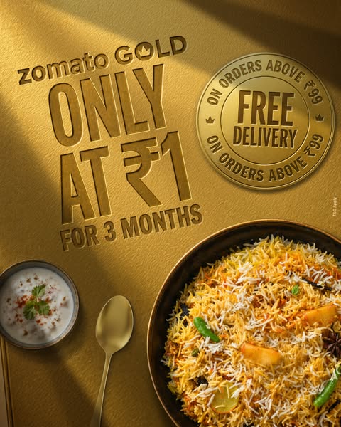 This ad promotes Zomato Gold, an offering that provides customers with free delivery for 3 months on orders above ₹99 fo