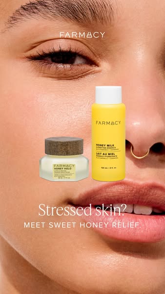 This image ad features a close-up of a woman's face alongside two Farmacy beauty products, Honey Milk and Honey Halo