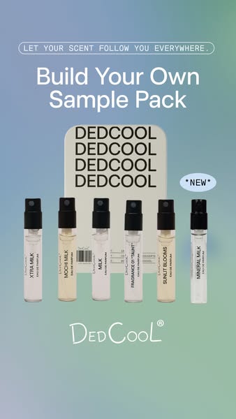 This image ad showcases DedCool's build your own sample pack with 6 mini spray bottles lined in front of a sample pa