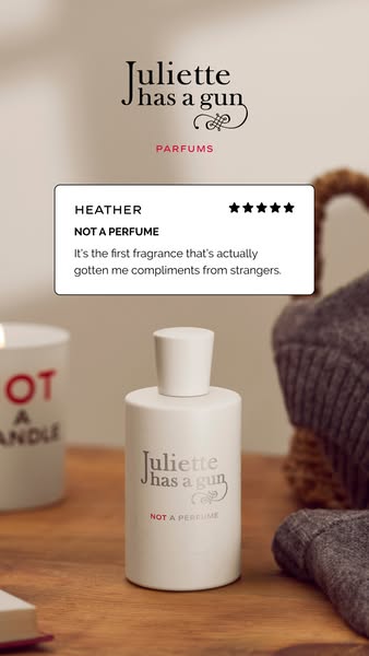 This is a close up lifestyle ad featuring the brand Juliette Has a Gun. The ad contains a review for the product Not a P