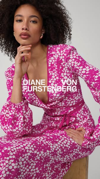 An image showcasing a woman wearing a Diane Von Furstenberg wrap dress.