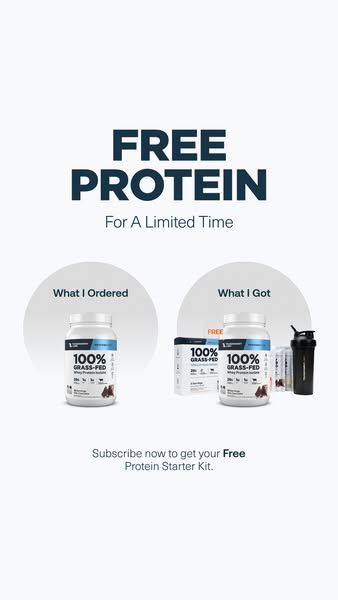This ad promotes a subscription for protein powder, and is offering a free starter kit for a limited time. The ad uses a