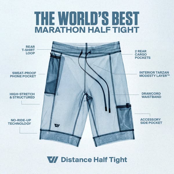 This ad showcases the features of the Distance Half Tight marathon shorts. The ad uses callouts to highlight the various