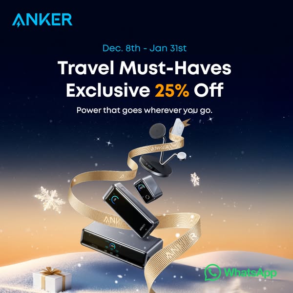 This image ad promotes Anker travel must-haves with an exclusive 25% off discount. The ad features a visually appealing 