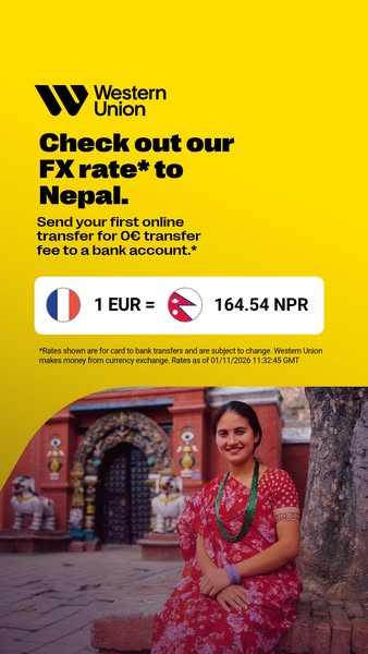 This ad for Western Union promotes its foreign exchange rates for transfers to Nepal. It highlights a 0€ transfer fee fo