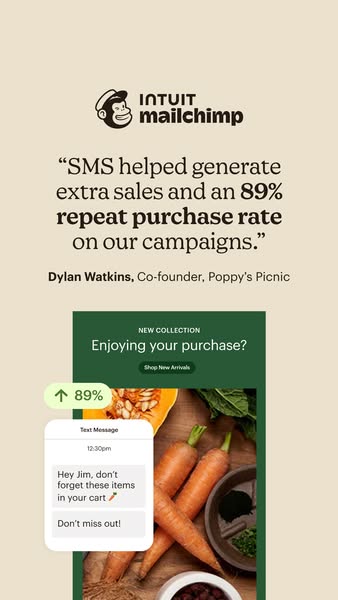 This ad for Intuit Mailchimp features a quote from a user testimonial, a snapshot of a modern marketing workflow, and a 