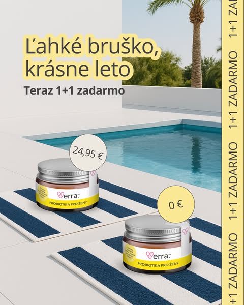 This ad features a summer theme, and promotes Verra Probiotika pro ženy, highlighting the benefits of a light stomach du