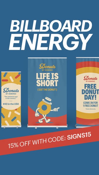 This ad promotes Billboard Energy, featuring Donuts by Dominic. The ad showcases three different billboard designs, high