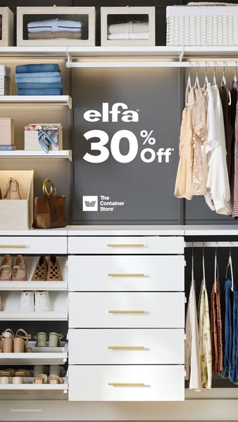 This ad for The Container Store features a clean, organized closet system with drawers, shelves, and hanging rods. The a