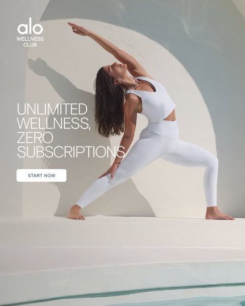 This ad for Alo Wellness Club features a woman in a white Alo yoga outfit doing a yoga pose in front of an abstract whit