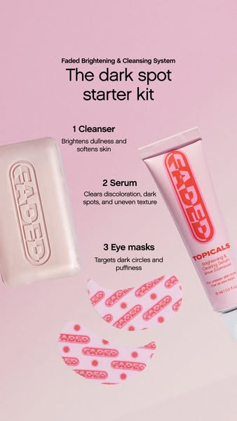 This ad promotes the Faded Brightening & Cleansing System dark spot starter kit from Topicals, and highlights its mu