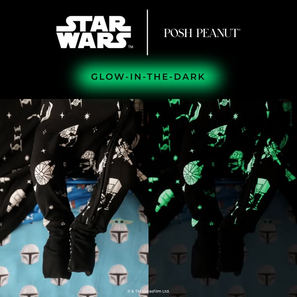 This ad features Posh Peanut Star Wars-themed pajamas. The pajamas are shown in both a lit and unlit view to highlight t